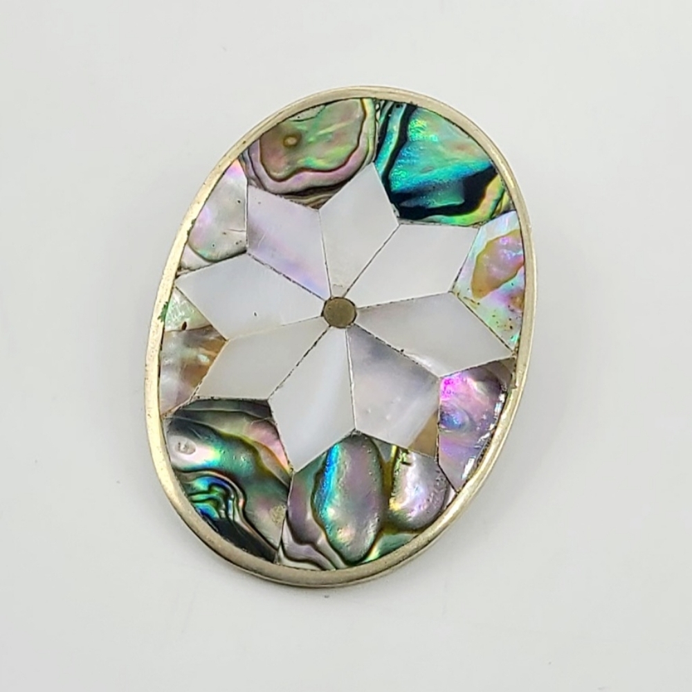Mexican Alpaca Brooch Mother Of Pearl Abalone Shell Pin